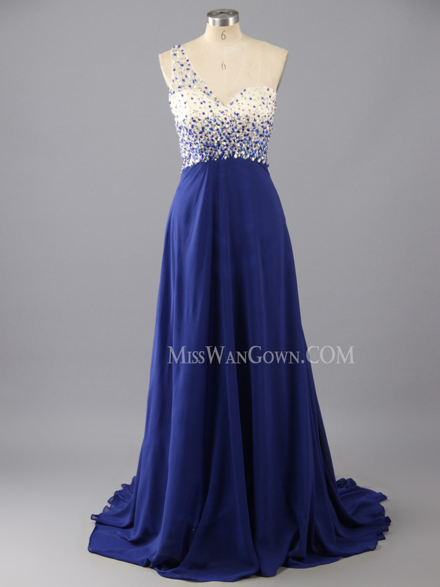 One shoulder chiffon beading sequins prom dresses sweep train customized evening dresses LF785