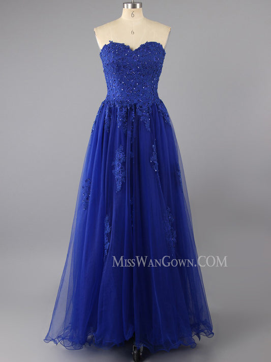 Sweetheart tulle appliqued beading prom dresses customized floor length evening dresses LF789