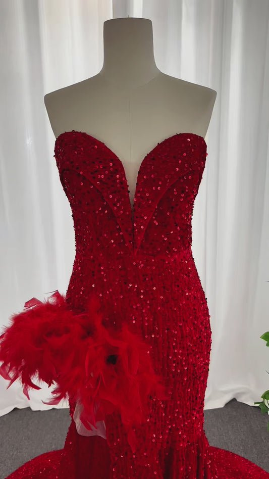 Sweetheart mermaid sequins prom dresses customized red high split evening dresses LF872